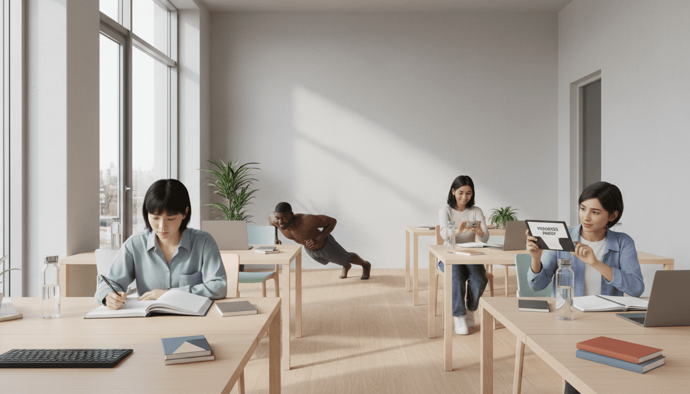 Diverse students studying and exercising together in a bright, minimalist shared workspace