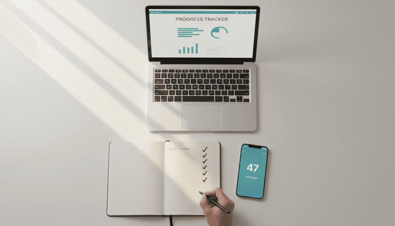 Student workspace with laptop, notebook, and phone showing daily progress tracker