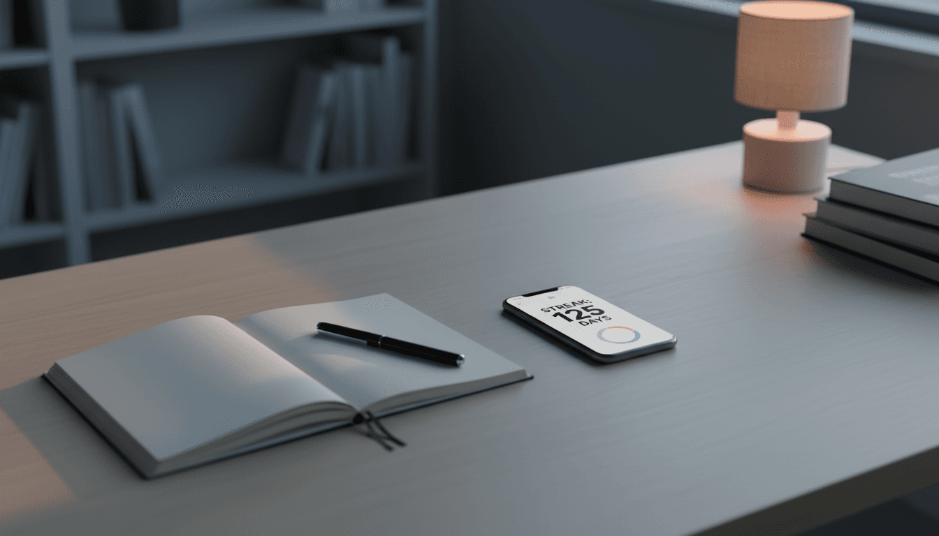 Minimalist student workspace with notebook, pen, and phone showing progress tracker on clean desk with soft natural light