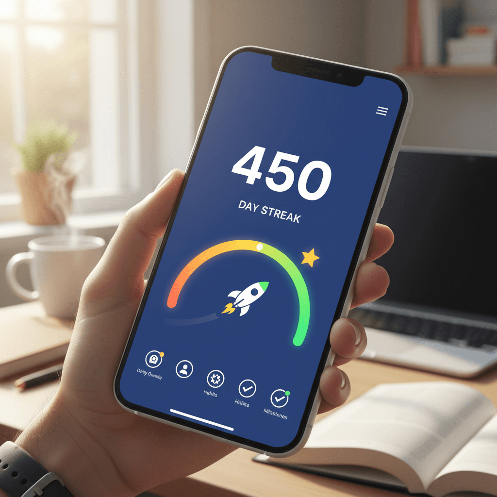 Mobile dashboard showing an active streak counter and daily progress