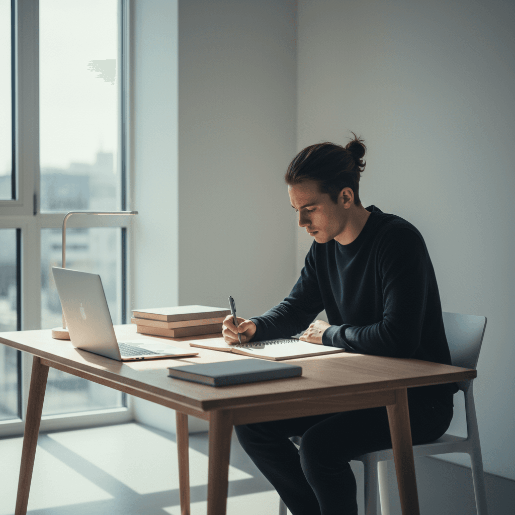 Student studying at a clean desk with focused concentration